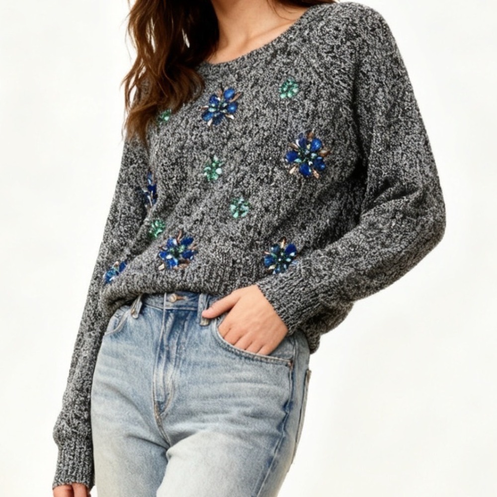 Miss Selfridge Floral Gemstone Embellished Angora Blend Sweater size 10 / M